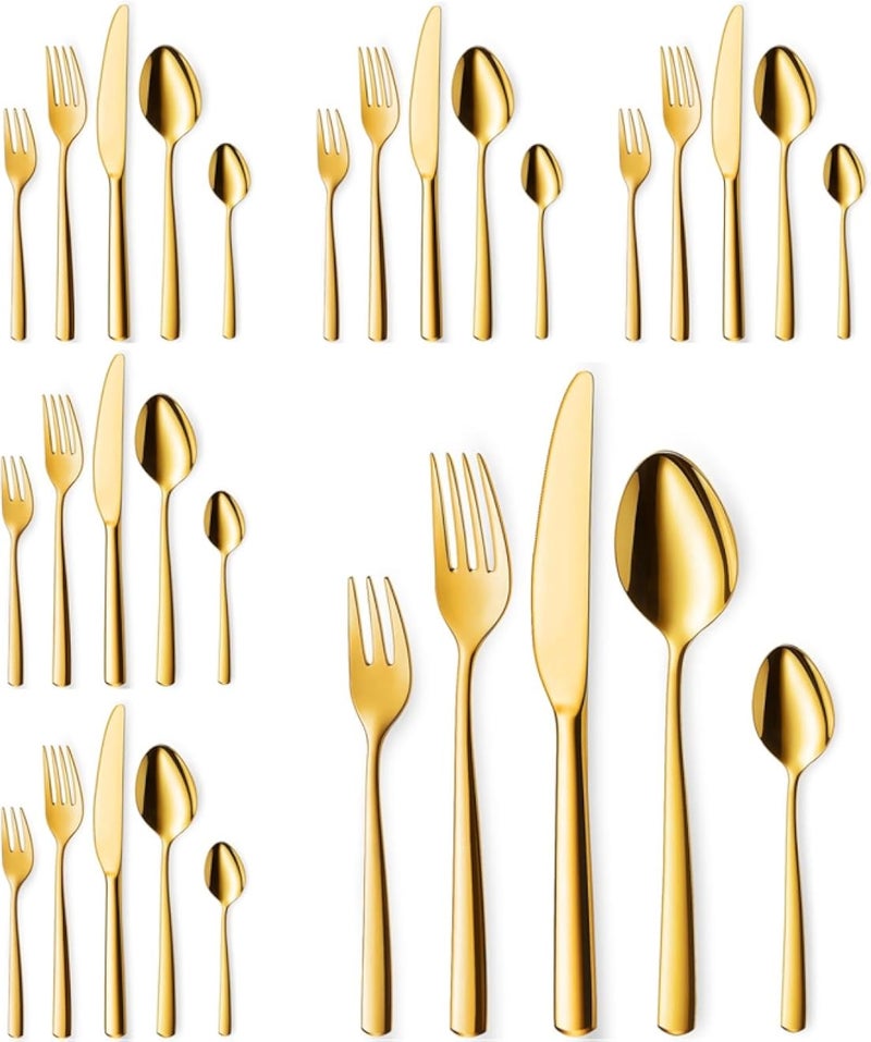 30-Piece Gold Cutlery Set for 6 People, 30 Knives, Forks and Spoons, Stainless Steel, Dishwasher Safe